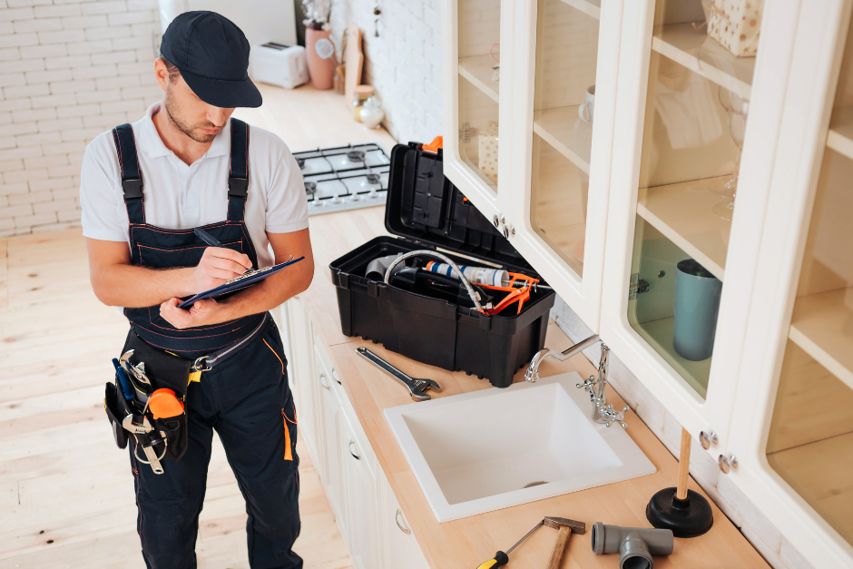 Handyman ticks off checklist, tools along bench in renovated kitchen